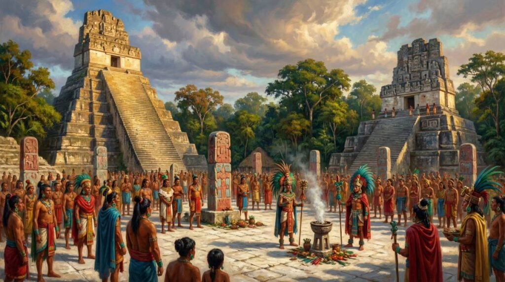 A Grande Praça de Tikal ao amanhecer, com o Templo do Grande Jaguar e o Templo das Máscaras, no coração da civilização maia.