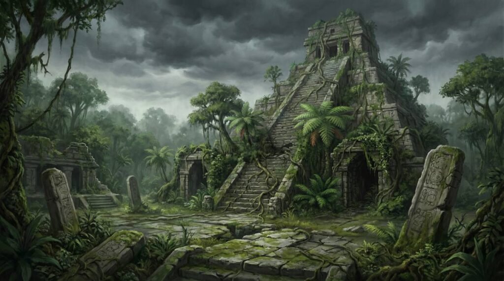 Ruínas de uma cidade da civilização maia sendo engolidas pela selva, simbolizando o colapso do Período Clássico.