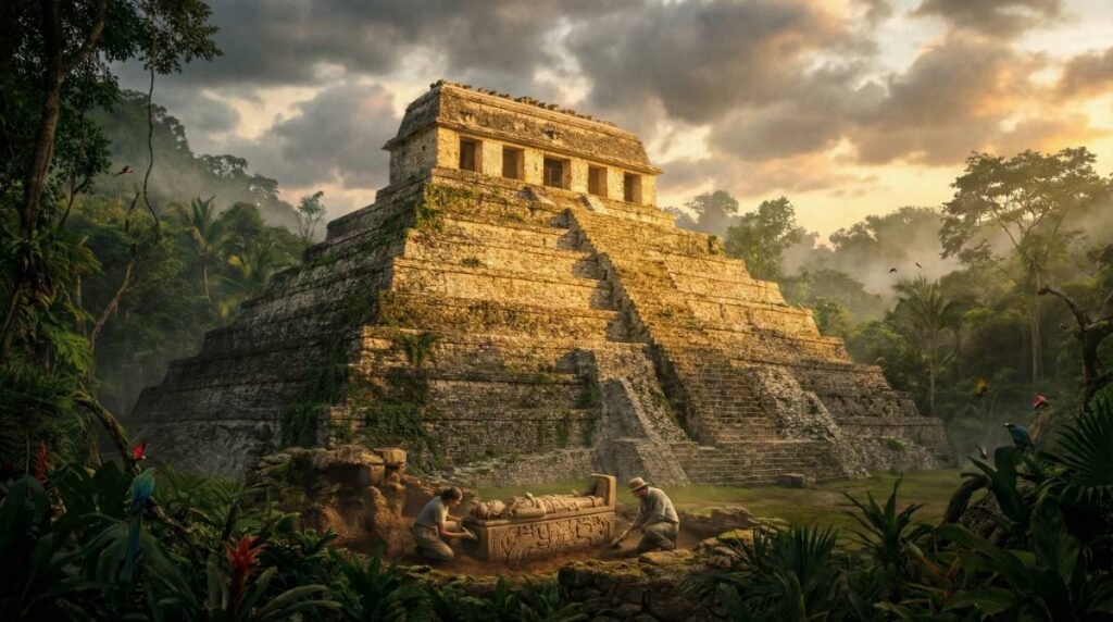 Arqueólogos descobrem o sarcófago do rei Pakal, o Grande, no Templo das Inscrições em Palenque.