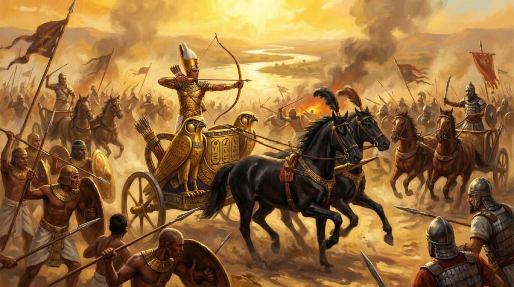 A Batalha de Kadesh em 1274 a.C. com o Faraó Ramsés II em sua biga dourada liderando o exército egípcio contra as forças hititas na maior batalha de bigas da história.