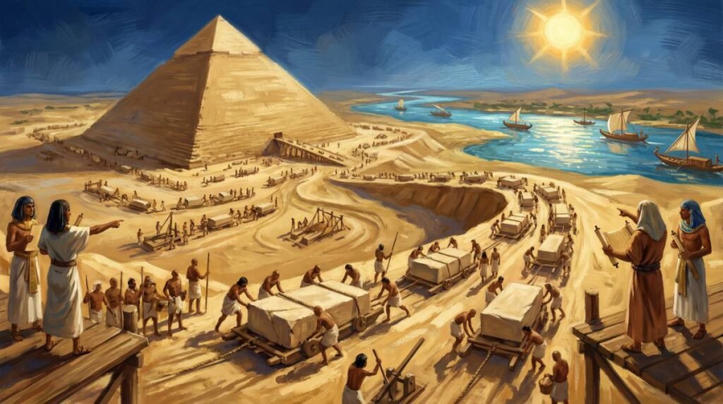 A construção da Grande Pirâmide de Quéops em Gizé com milhares de trabalhadores egípcios qualificados movendo blocos de calcário por rampas, por volta de 2580 a.C.