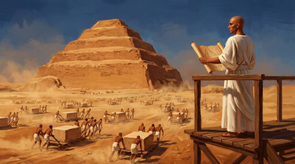 O arquiteto Imhotep supervisionando a construção da Pirâmide de Degraus de Djoser em Saqqara, a primeira estrutura monumental de pedra da história, por volta de 2650 a.C.