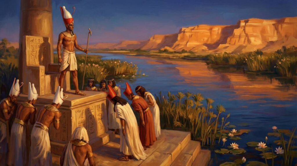 O Faraó Narmer (Menés) usando a Coroa Dupla às margens do Rio Nilo, simbolizando a unificação do Alto e Baixo Egito por volta de 3100 a.C.