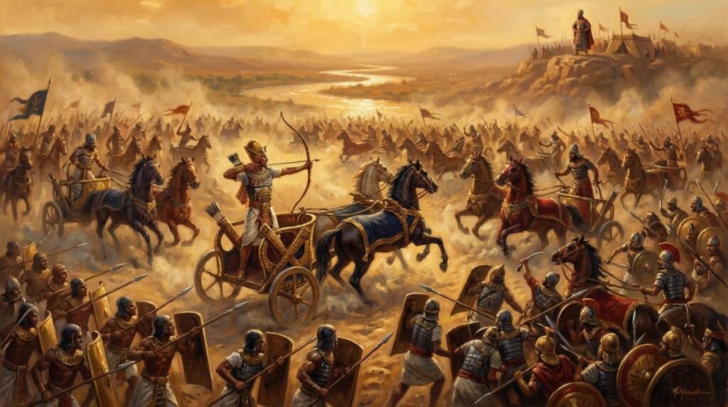 A Batalha de Kadesh em 1274 a.C. com o Faraó Ramsés II em sua biga dourada liderando o exército egípcio contra as forças hititas na maior batalha de bigas da história.