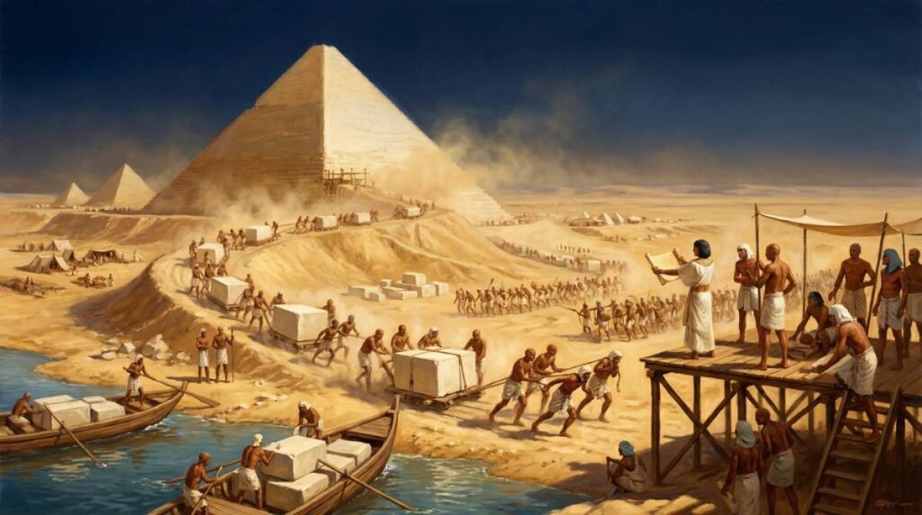 A construção da Grande Pirâmide de Quéops em Gizé com milhares de trabalhadores egípcios qualificados movendo blocos de calcário por rampas, por volta de 2580 a.C.