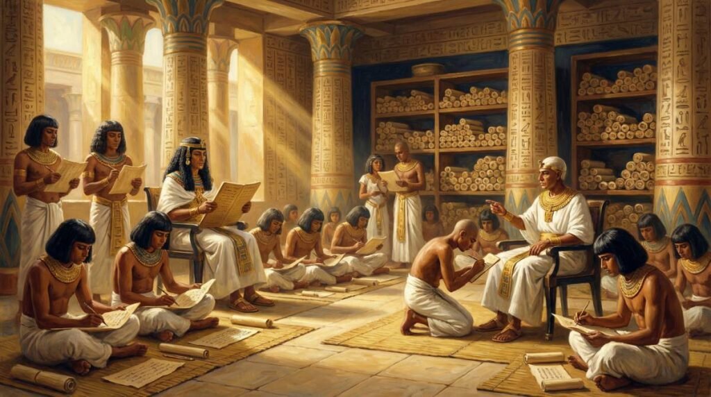 Escribas egípcios em um grande salão administrativo registrando impostos e colheitas em rolos de papiro, demonstrando a eficiência burocrática do Antigo Egito.