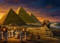O platô de Gizé ao entardecer com as três Grandes Pirâmides e a Esfinge iluminadas pela luz dourada do pôr do sol, representando o apogeu do Egito Antigo.
