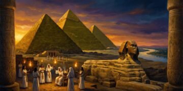 O platô de Gizé ao entardecer com as três Grandes Pirâmides e a Esfinge iluminadas pela luz dourada do pôr do sol, representando o apogeu do Egito Antigo.