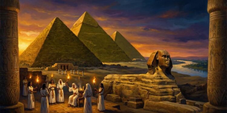 O platô de Gizé ao entardecer com as três Grandes Pirâmides e a Esfinge iluminadas pela luz dourada do pôr do sol, representando o apogeu do Egito Antigo.