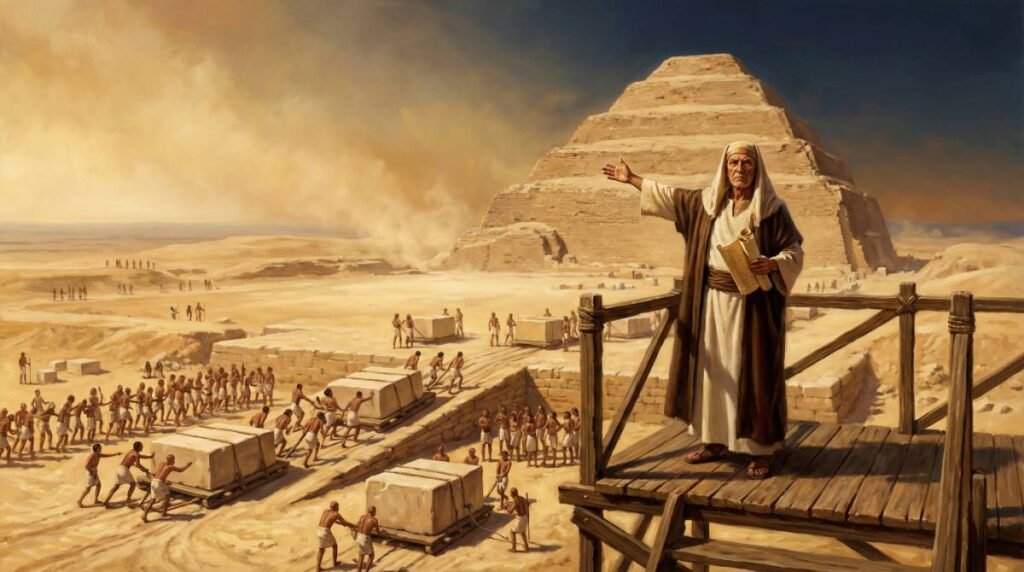 O arquiteto Imhotep supervisionando a construção da Pirâmide de Degraus de Djoser em Saqqara, a primeira estrutura monumental de pedra da história, por volta de 2650 a.C.