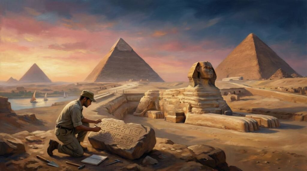 Um arqueólogo moderno examinando hieróglifos no platô de Gizé com as Grandes Pirâmides e a Esfinge ao fundo, simbolizando o legado eterno do Egito Antigo.