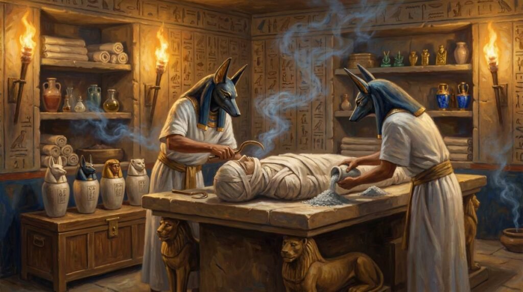 O ritual sagrado de mumificação no Antigo Egito, com sacerdotes usando máscaras de Anúbis realizando o processo de embalsamamento em uma câmara sagrada.