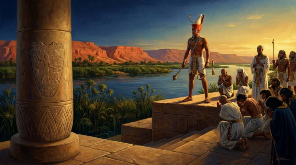 O Faraó Narmer (Menés) usando a Coroa Dupla às margens do Rio Nilo, simbolizando a unificação do Alto e Baixo Egito por volta de 3100 a.C.