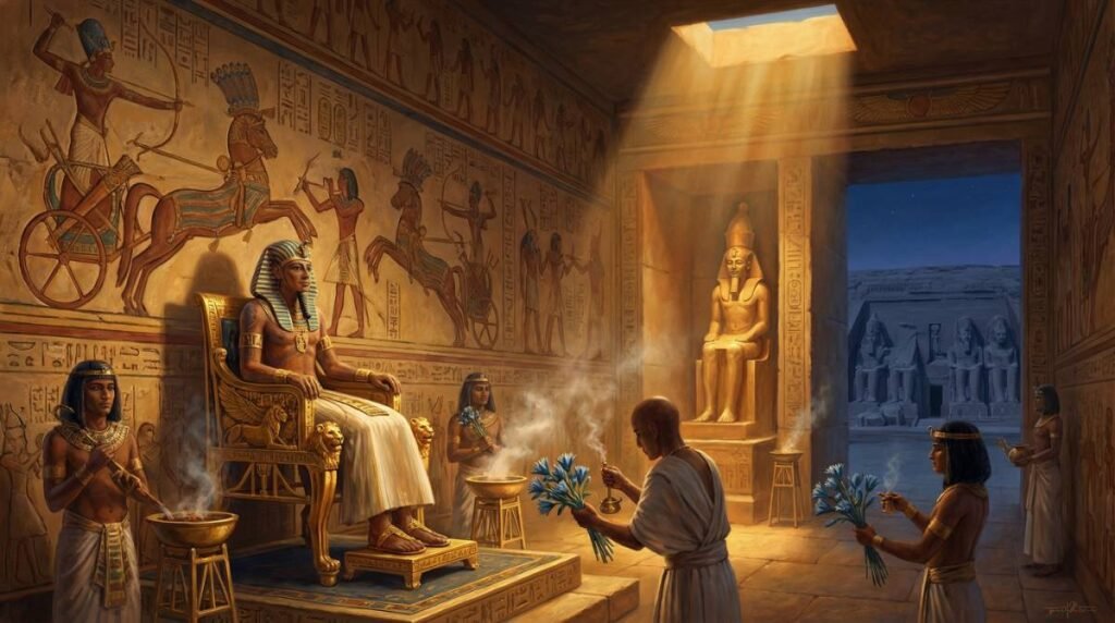 O Faraó Ramsés II entronizado no interior do Grande Templo de Abu Simbel, um monumento à sua divindade e poder construído durante o Novo Império.