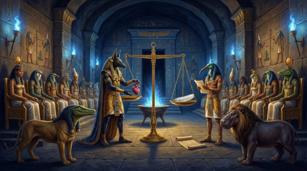 O julgamento da alma no Salão das Duas Verdades do Egito Antigo, com Anúbis pesando o coração contra a pena de Ma'at diante de Osíris e dos quarenta e dois juízes divinos.