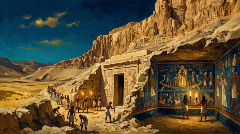 O Vale dos Reis ao entardecer com a entrada de um túmulo real escavado na rocha e o interior decorado com pinturas coloridas do Livro dos Mortos.