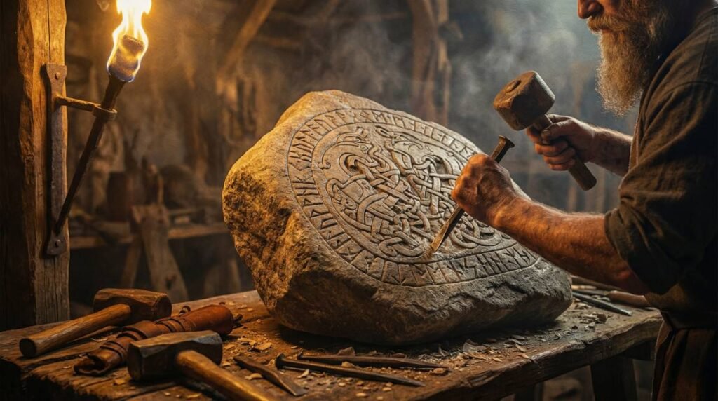 Um mestre artesão viking esculpindo runas e padrões de animais entrelaçados em uma grande pedra rúnica, destacando a sofisticação da arte e da escrita da Era Viking.