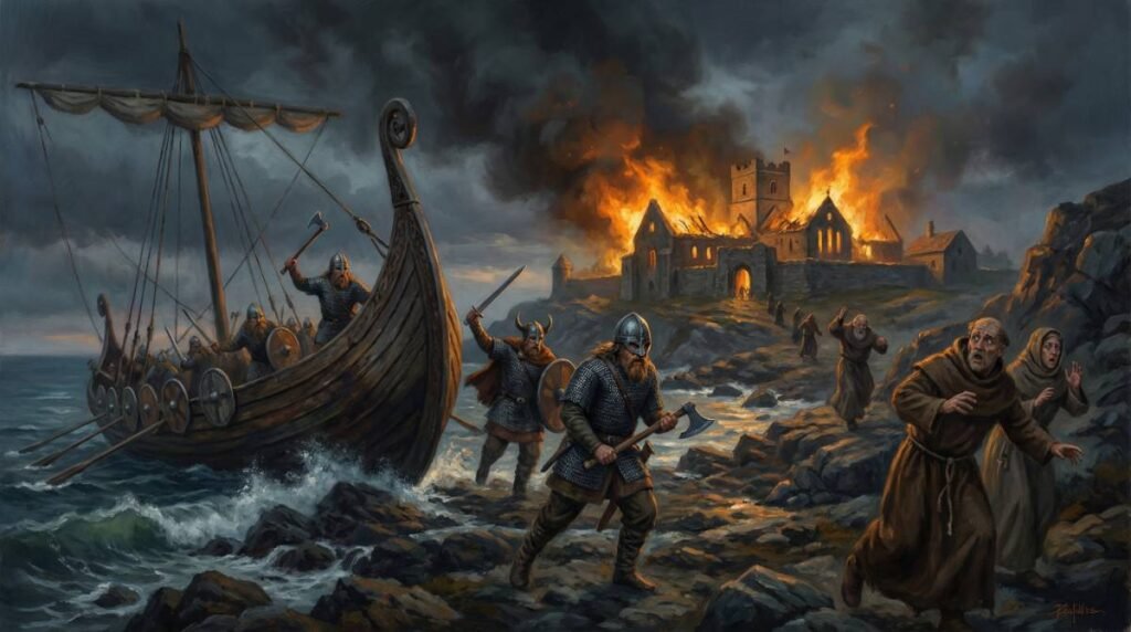 Guerreiros vikings atacando o mosteiro de Lindisfarne em 793 d.C., marcando o início violento da Era Viking na Inglaterra.