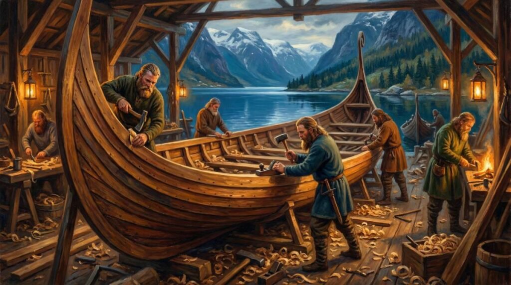 Artesãos vikings construindo um navio longo (drakkar) em um estaleiro na margem de um fiorde norueguês, demonstrando a tecnologia naval que permitiu a expansão da Era Viking.