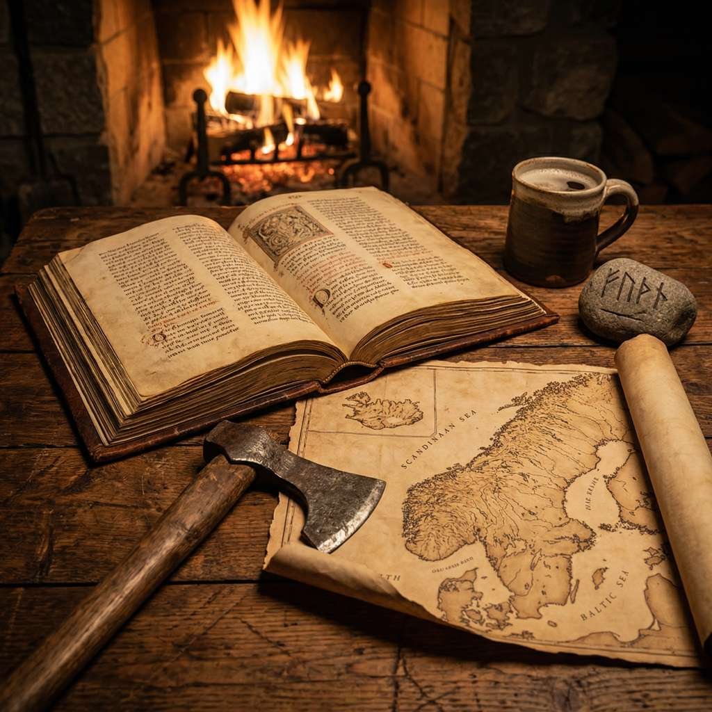 Mesa de estudo com um livro antigo aberto, um mapa da Escandinávia e um machado, representando a pesquisa aprofundada sobre a Era Viking e seu legado.