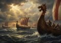 Uma frota de navios vikings (drakkars) navegando em um mar nórdico ao amanhecer, com a proa de um navio em primeiro plano mostrando a cabeça de dragão esculpida. A imagem evoca a exploração e o poderio naval da Era Viking.