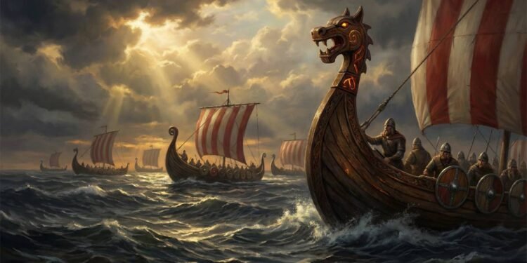 Uma frota de navios vikings (drakkars) navegando em um mar nórdico ao amanhecer, com a proa de um navio em primeiro plano mostrando a cabeça de dragão esculpida. A imagem evoca a exploração e o poderio naval da Era Viking.