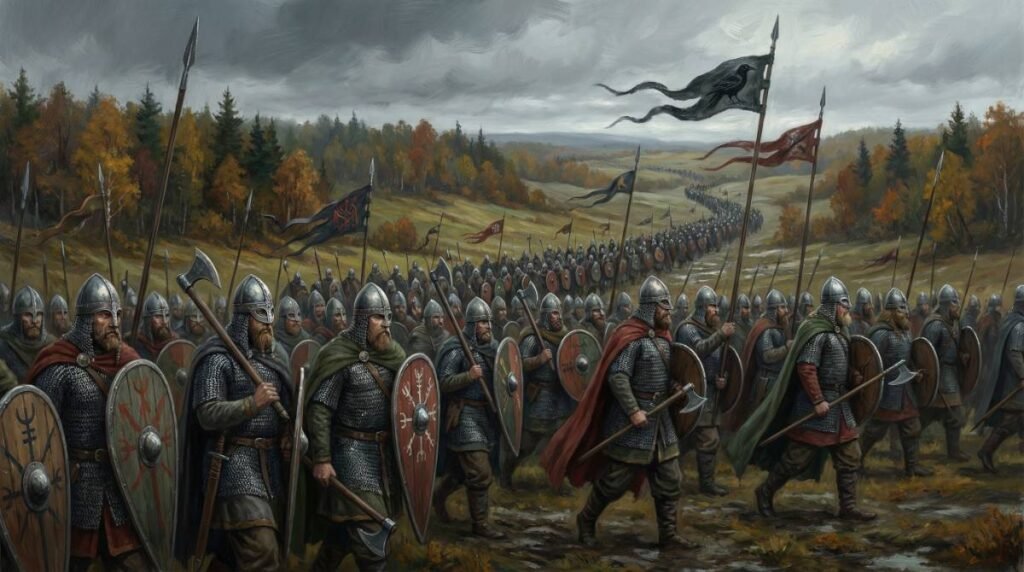 O Grande Exército Pagão dos vikings marchando pela zona rural anglo-saxã, representando a mudança de tática de saques para uma invasão em grande escala.