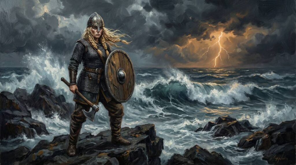 Uma guerreira viking (shieldmaiden) com armadura, segurando um escudo e um machado, representando o papel ativo das mulheres na sociedade da Era Viking.