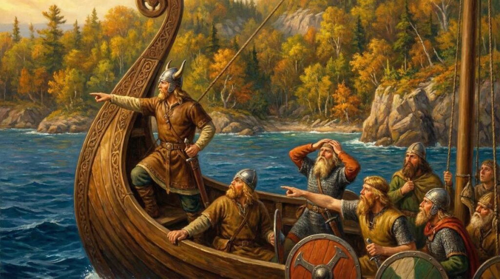 O explorador viking Leif Erikson e sua tripulação desembarcando na costa de Vinland (América do Norte) por volta do ano 1000, 500 anos antes de Colombo.
