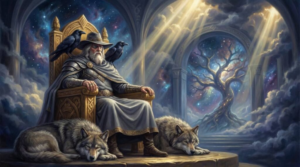 O deus nórdico Odin sentado em seu trono em Asgard, com seus corvos Huginn e Muninn, representando a complexidade da mitologia da Era Viking.