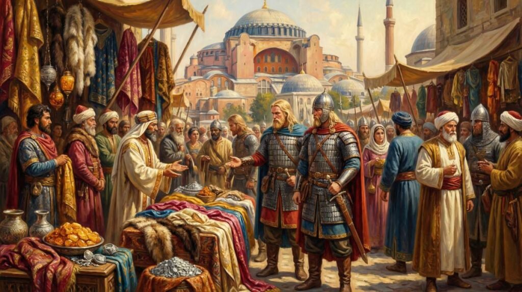 Mercadores e guerreiros vikings (Varangianos) em um mercado de Constantinopla, com a cúpula da Hagia Sophia ao fundo, ilustrando a rota comercial oriental da Era Viking.