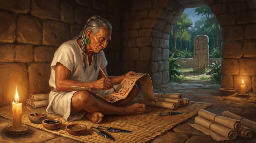 Um escriba maia pintando hieróglifos em um códice de casca de figueira, registrando o conhecimento da civilização maia.