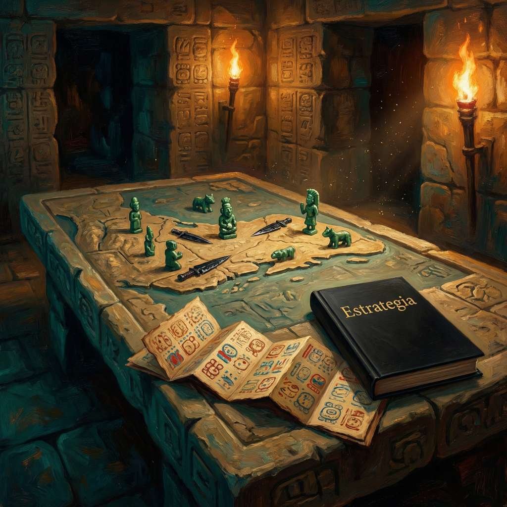 Uma mesa de guerra em um palácio maia, com um mapa da península de Yucatán, peças de jade, facas de obsidiana e um livro moderno sobre Estratégia, simbolizando a sabedoria tática atemporal.