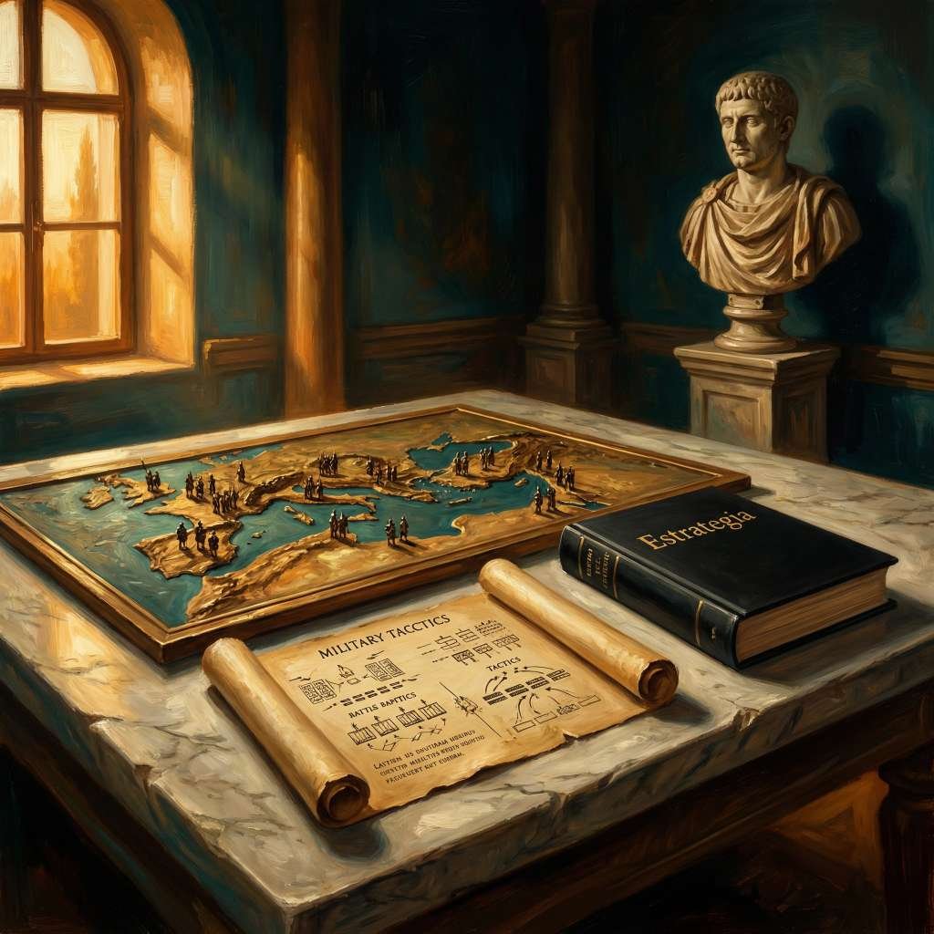 Mesa de um general romano com um mapa em relevo do império, um busto de César e o livro "Estratégia", conectando as táticas militares romanas aos princípios de Robert Greene.