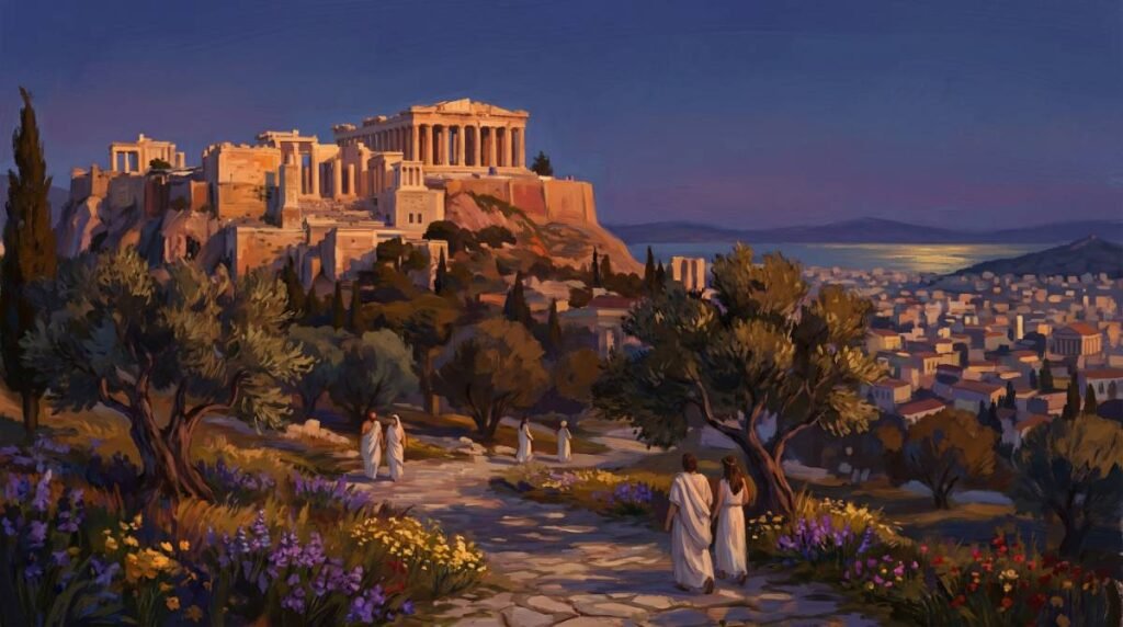 Acrópole de Atenas iluminada ao pôr do sol com a cidade moderna de Atenas ao fundo.