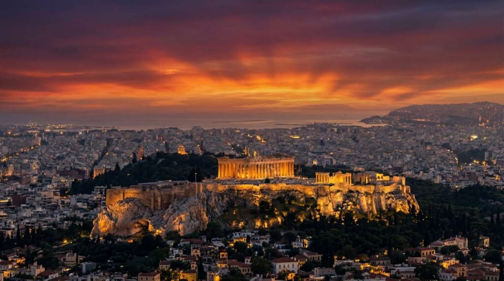 Acrópole de Atenas iluminada ao pôr do sol com a cidade moderna de Atenas ao fundo.