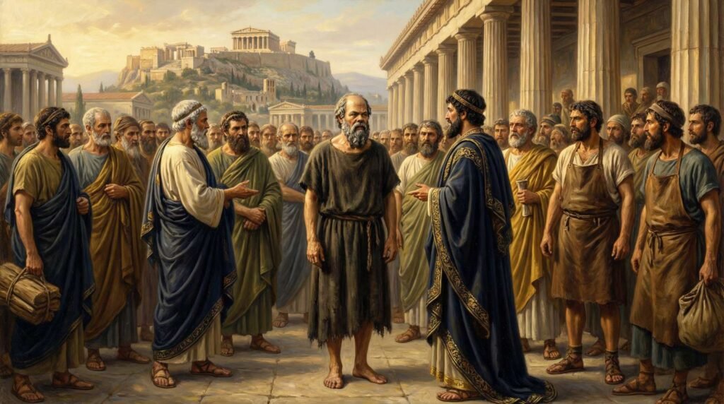 Sócrates descalço questionando um sofista na Ágora de Atenas, cercado por cidadãos.
