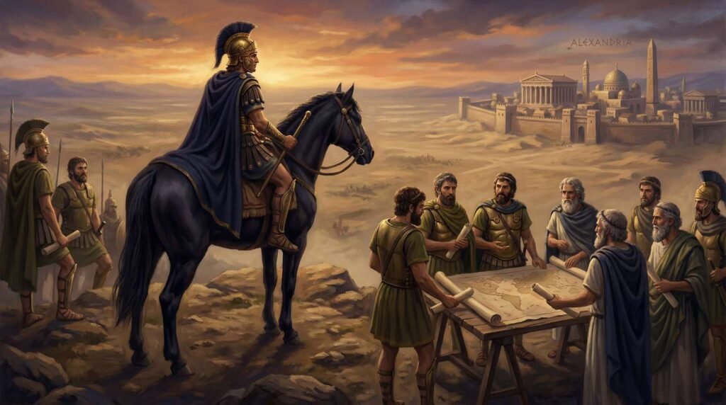 Alexandre, o Grande, a cavalo sobre Bucéfalo, observa o horizonte com Alexandria ao fundo, 330 a.C.