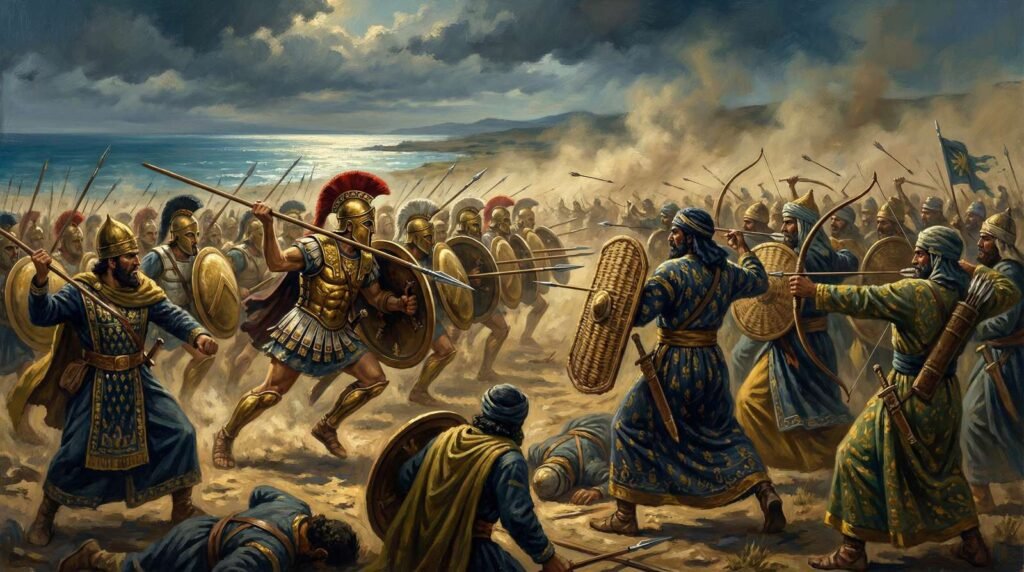 Hoplitas atenienses em carga contra o exército persa na Batalha de Maratona, 490 a.C.