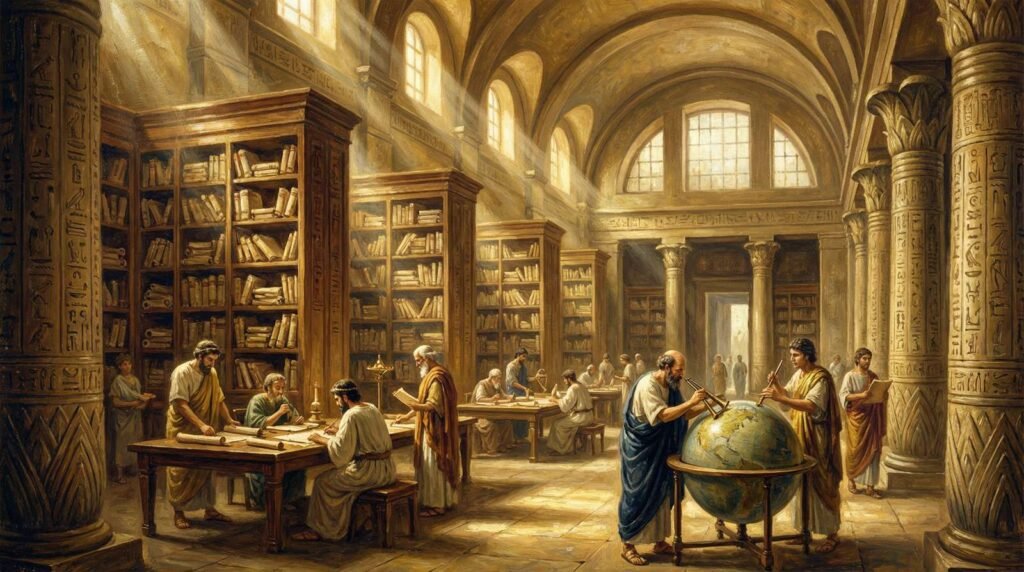 Interior da Grande Biblioteca de Alexandria com estudiosos de várias nações trabalhando entre pergaminhos, 250 a.C.