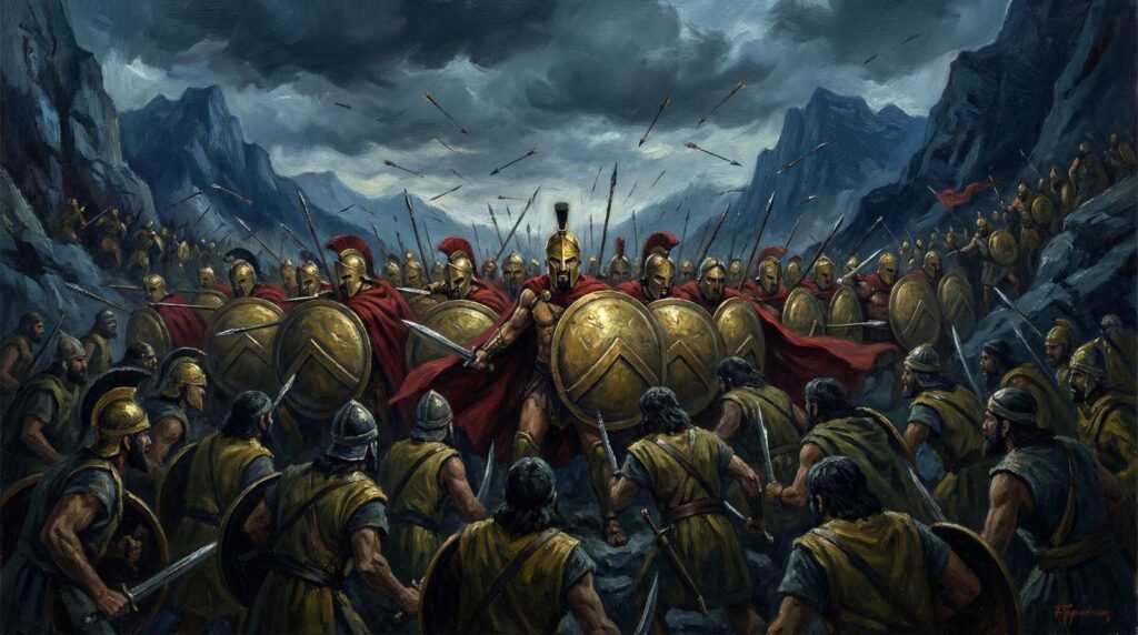 Leônidas e os 300 espartanos em formação de falange no desfiladeiro das Termópilas, 480 a.C.