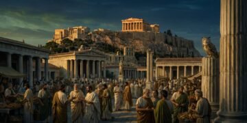 Ágora de Atenas ao entardecer com a Acrópole ao fundo e a coruja de Atena sobre coluna de mármore.