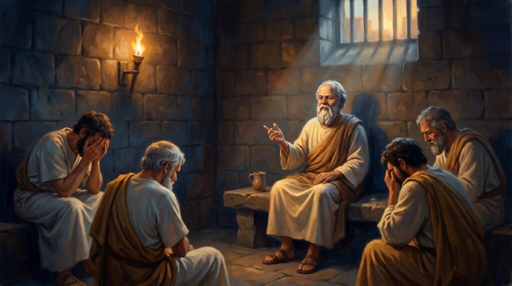 Sócrates recebe a cicuta com serenidade em sua cela, rodeado por discípulos em pranto, 399 a.C.