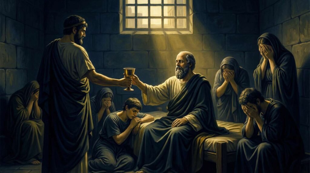 Sócrates recebe a cicuta com serenidade em sua cela, rodeado por discípulos em pranto, 399 a.C.