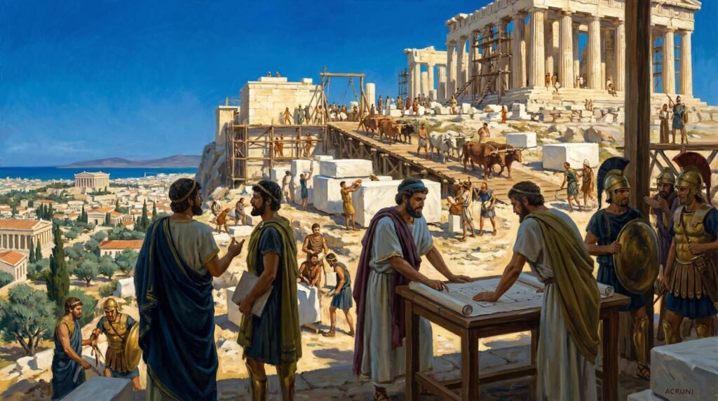 Construção do Partenon na Acrópole de Atenas sob supervisão de Fídias e Péricles, 447 a.C.