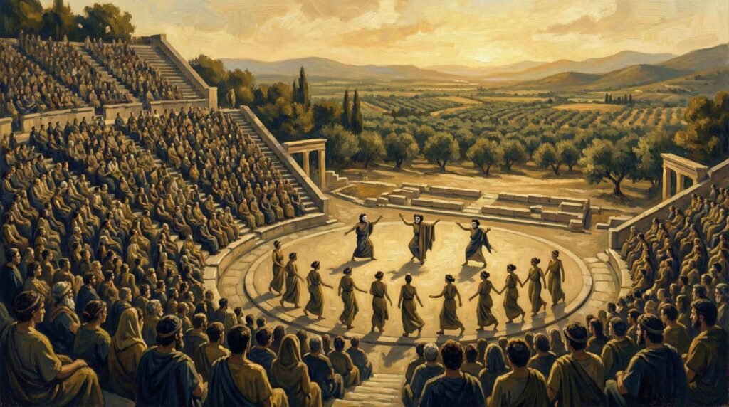 Espetáculo de tragédia grega no Teatro de Epidauro com milhares de espectadores, século V a.C.