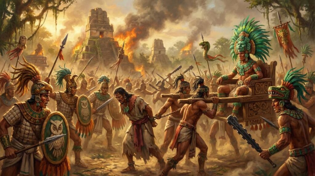 Guerreiros maias apresentam cativos de alto escalão ao seu rei após uma batalha, demonstrando a natureza da guerra ritual na civilização maia.