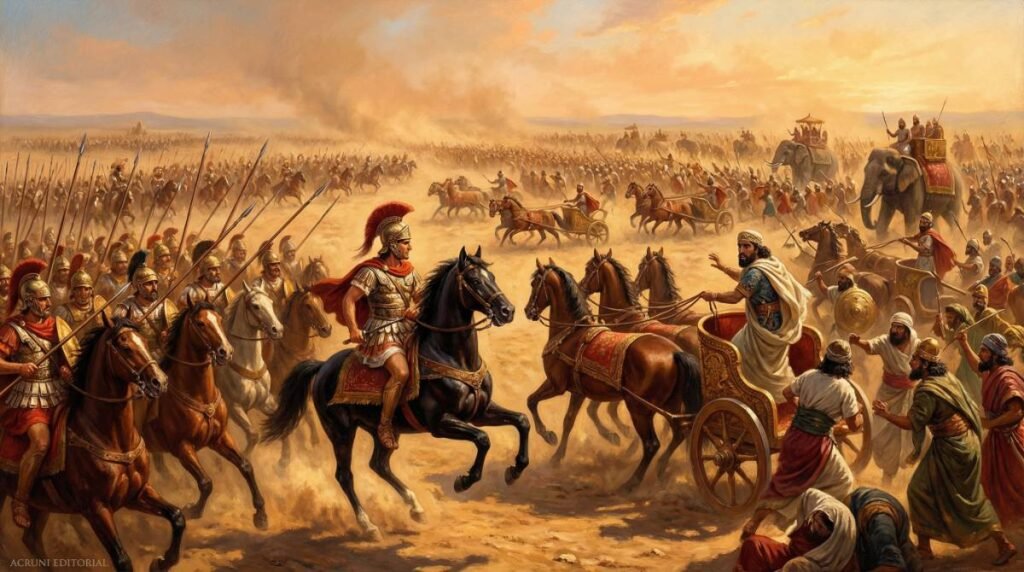 Alexandre, o Grande, liderando sua cavalaria em uma carga decisiva contra o Rei Dario III do Império Persa na Batalha de Gaugamela em 331 a.C.