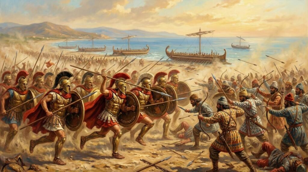 A Batalha de Maratona em 490 a.C., com os hoplitas atenienses em menor número atacando e derrotando o exército do Império Persa na praia.