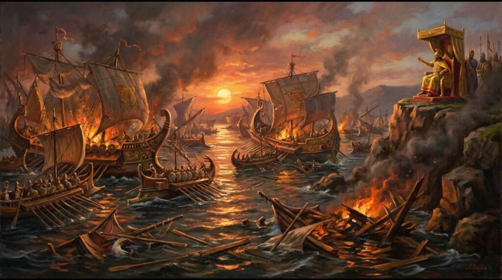 A Batalha naval de Salamina, com a frota grega destruindo os navios do Império Persa no estreito, enquanto o Rei Xerxes observa de seu trono.